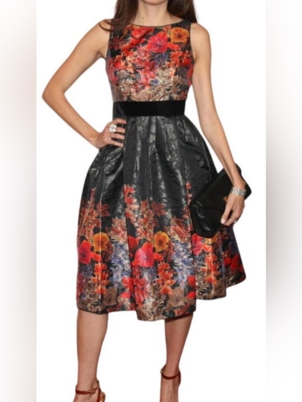 Adrianna Papell Metallic Floral Midi Cocktail Dress Size 16